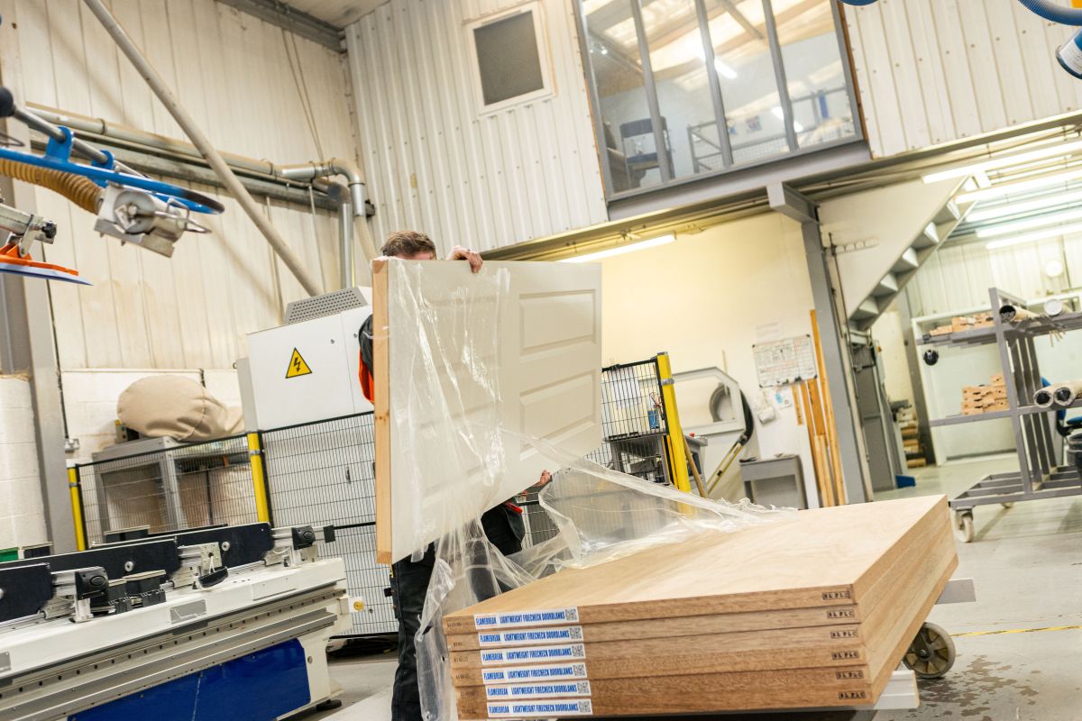 Fire door frames being prepared in joinery workshop